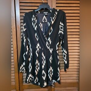 Miss Chievous Black and Cream Patterned Long Sleeve Romper
